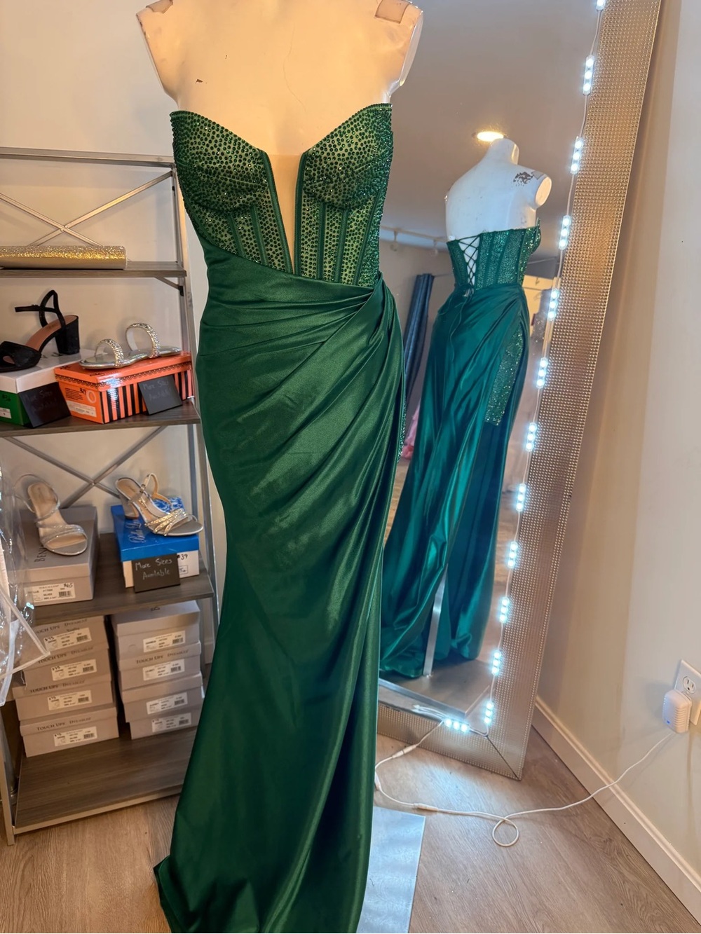 Strapless Emerald Green Evening Gown with Beaded Corset